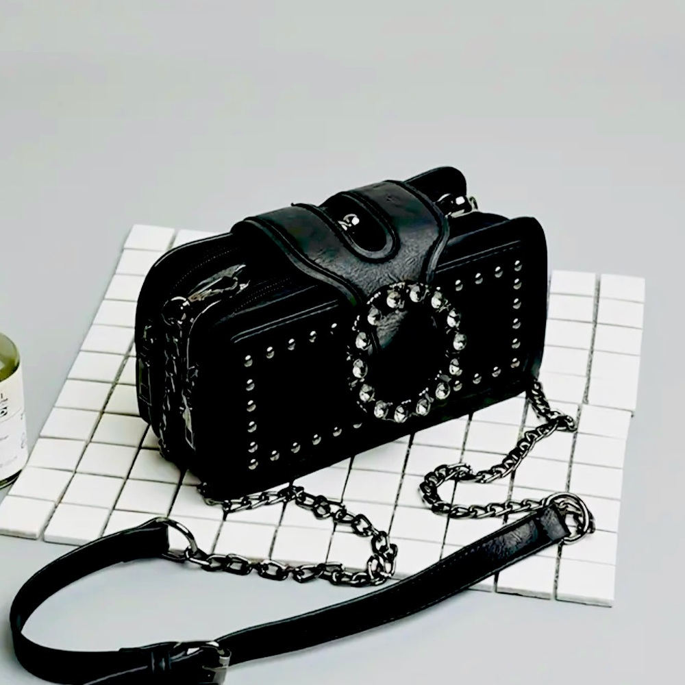 >SALE< New -Faux Leather Crossbody Bag w/Rhinestone Buckle & Rivet Detail -Black